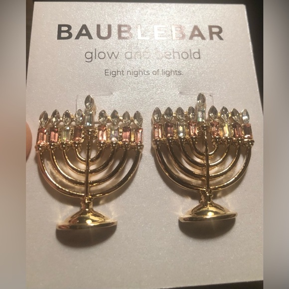 BaubleBar‎ Hanukkah Menorah Earrings Gold Tone Clear and Neutral Crystal Glass - Picture 3 of 6